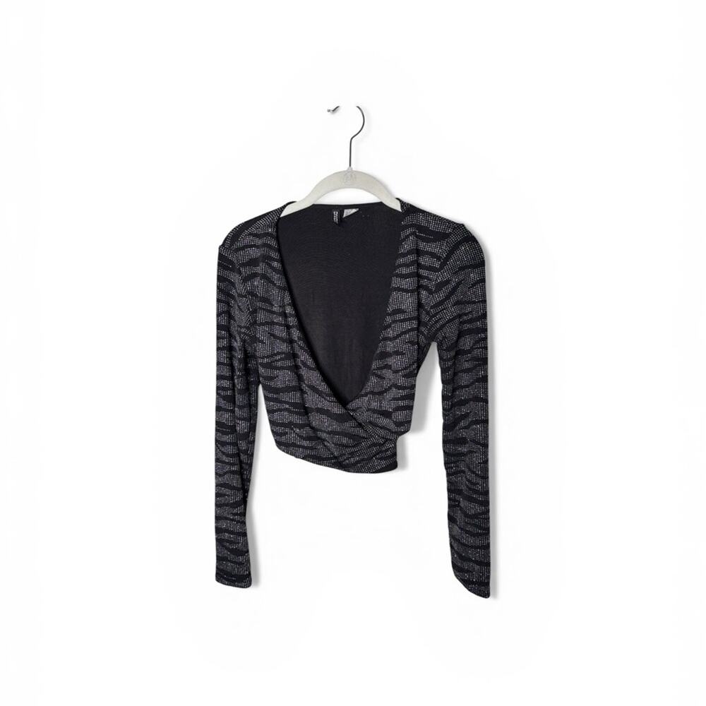 Divided H&M Black Silver Sparkle Long Sleeve Cropped Wrap Top Small
